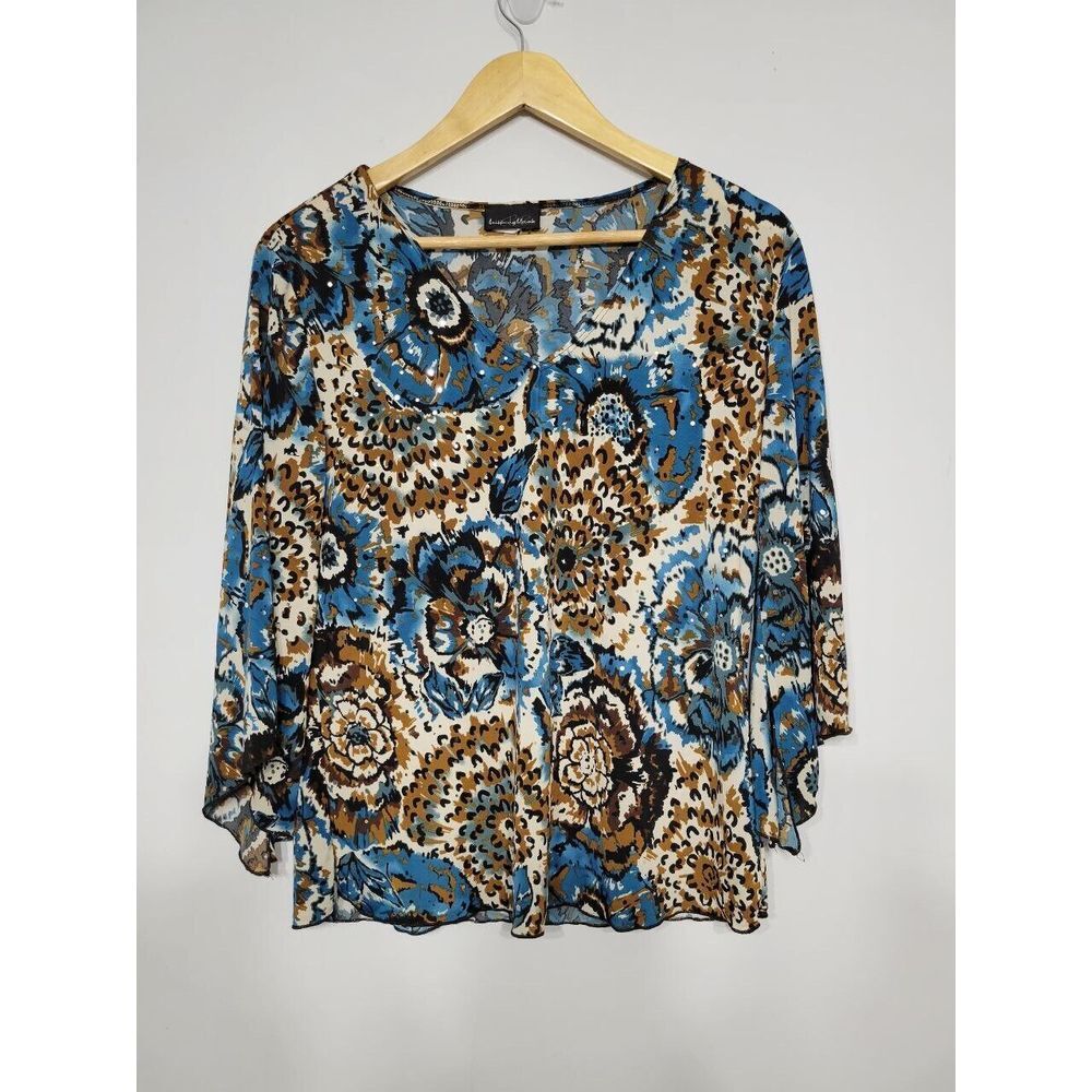 Brittany Black Floral Shimmer‎ Top with 3/4th Bellsleeves Size XL